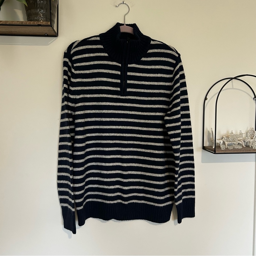 American Eagle Blue & White Striped Quarter Zip Long Sleeve Pull Over Sweater Lg